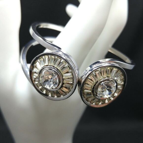 Vintage Clear Rhinestone Hinged Clamper Bracelet, Rhodium Plated, Wedding Cuff - Picture 2 of 9
